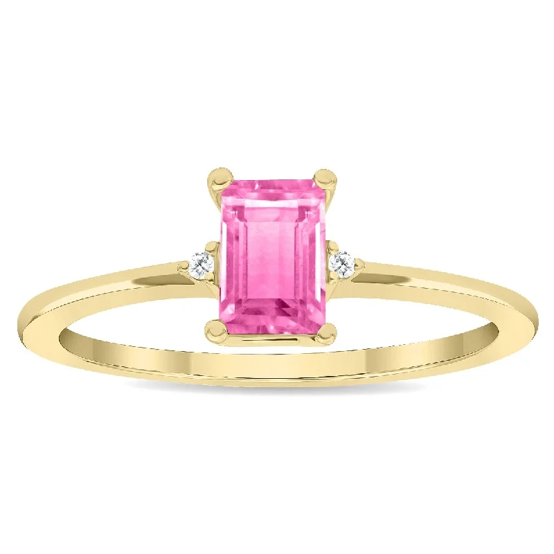 Gemstone rings inspired by stars with stone sparkle -Women's Emerald Cut Pink Topaz and Diamond Classic Band in 10K Yellow Gold