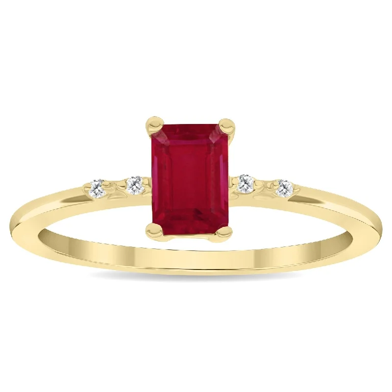 Gemstone rings inspired by oceans with blue gems -Women's Emerald Cut Ruby and Diamond Sparkle Ring in 10K Yellow Gold