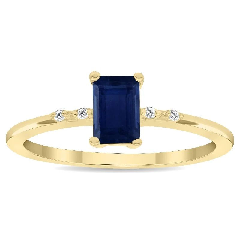 Gemstone rings featuring aquamarine for cool blue tones -Women's Emerald Cut Sapphire and Diamond Sparkle Ring in 10K Yellow Gold