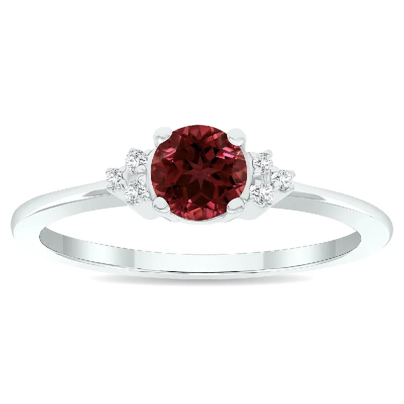 Sharp gemstone rings with modern stone elegance -Women's Garnet and Diamond Half Moon Ring in 10K White Gold