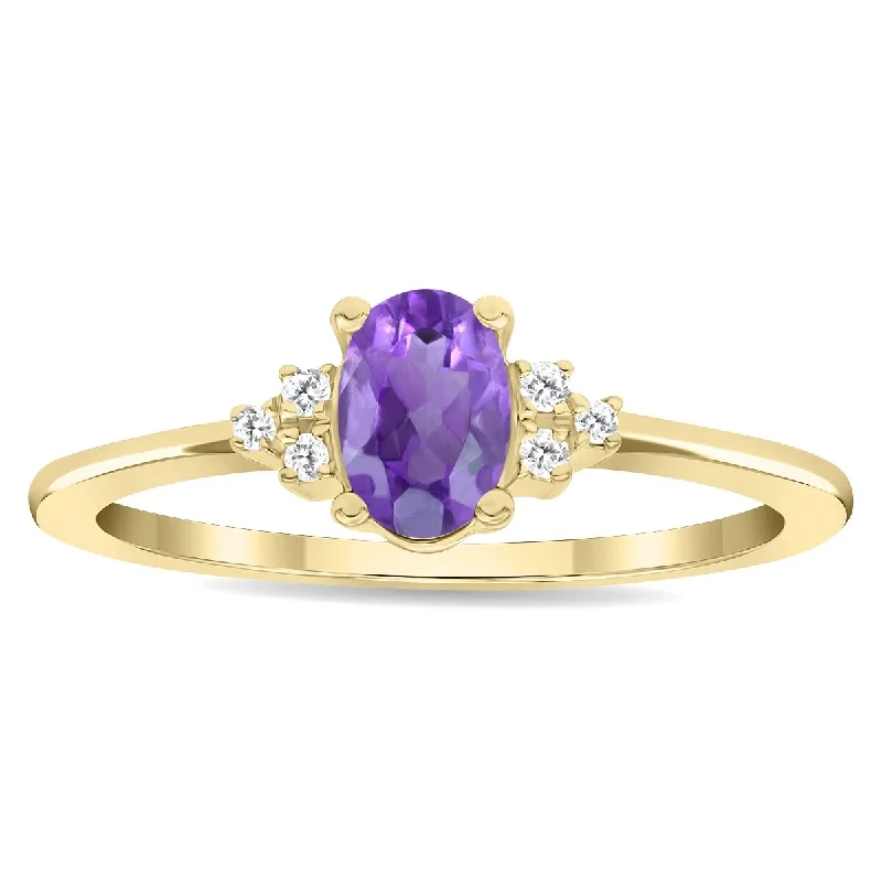 Curved gemstone rings perfect for band pairing -Women's Oval Shaped Amethyst and Diamond Half Moon Ring in 10K Yellow Gold