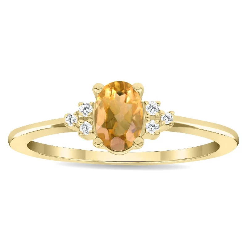 Striking gemstone rings with unique stone shapes -Women's Oval Shaped Citrine and Diamond Half Moon Ring in 10K Yellow Gold