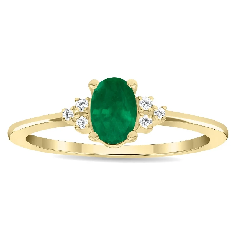 Gemstone rings featuring citrine for golden stone warmth -Women's Oval Shaped Emerald and Diamond Half Moon Ring in 10K Yellow Gold