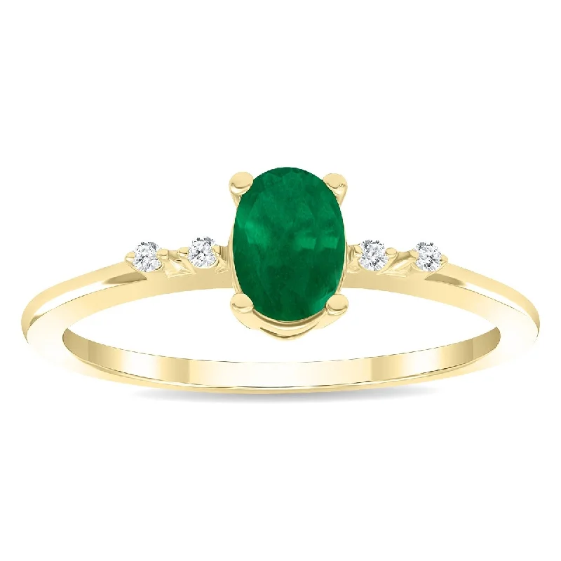 Stackable gemstone rings designed for finger layering -Women's Oval Shaped Emerald and Diamond Sparkle Ring in 10K Yellow Gold