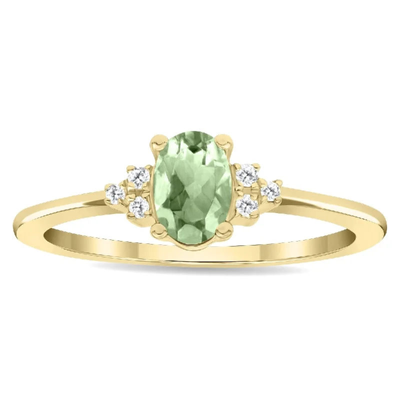 Gemstone rings featuring jade for green tranquility -Women's Oval Shaped Green Amethyst and Diamond Half Moon Ring in 10K Yellow Gold