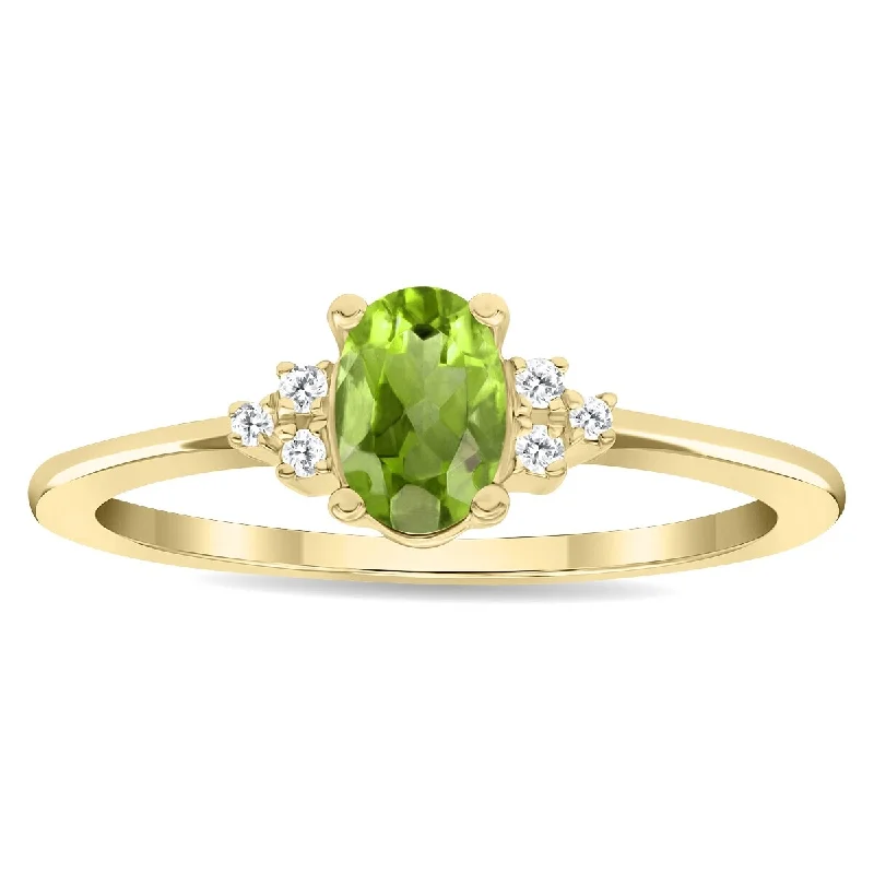 Twisted gemstone rings with artistic stone bands -Women's Oval Shaped Peridot and Diamond Half Moon Ring in 10K Yellow Gold