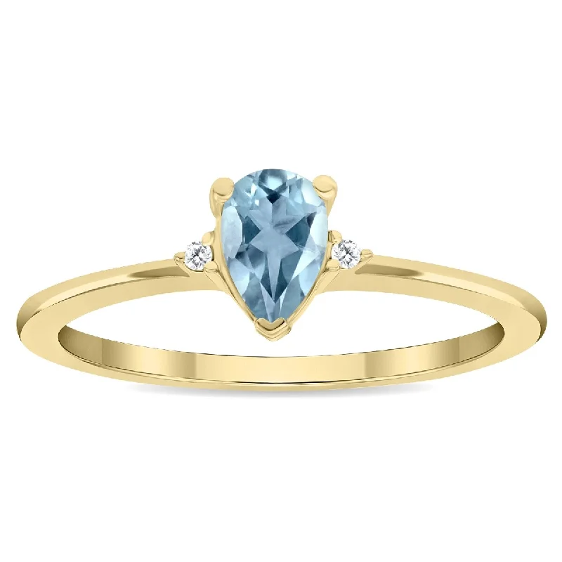 Gemstone rings with retro stone settings charm -Women's Pear Shaped Aquamarine and Diamond Classic Band in 10K Yellow Gold