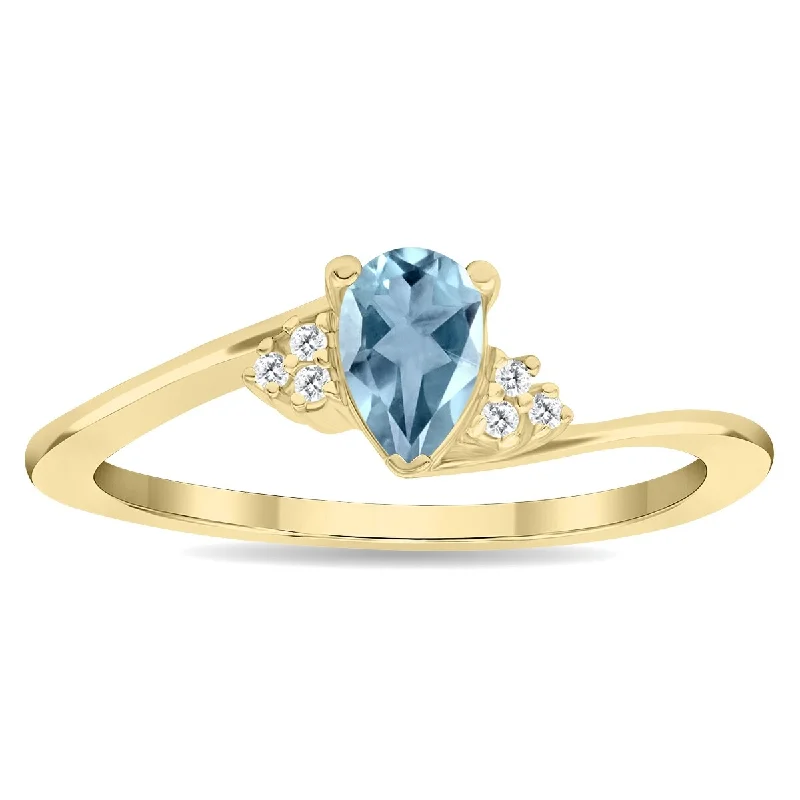 Open gemstone rings with airy stone designs -Women's Pear Shaped Aquamarine and Diamond Tierra Ring in 10K Yellow Gold