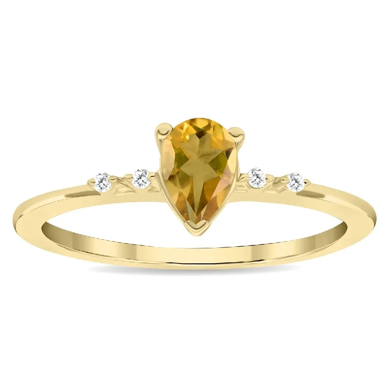 Gemstone rings perfect for holidays with stone cheer -Women's Pear Shaped Citrine and Diamond Sparkle Ring in 10K Yellow Gold