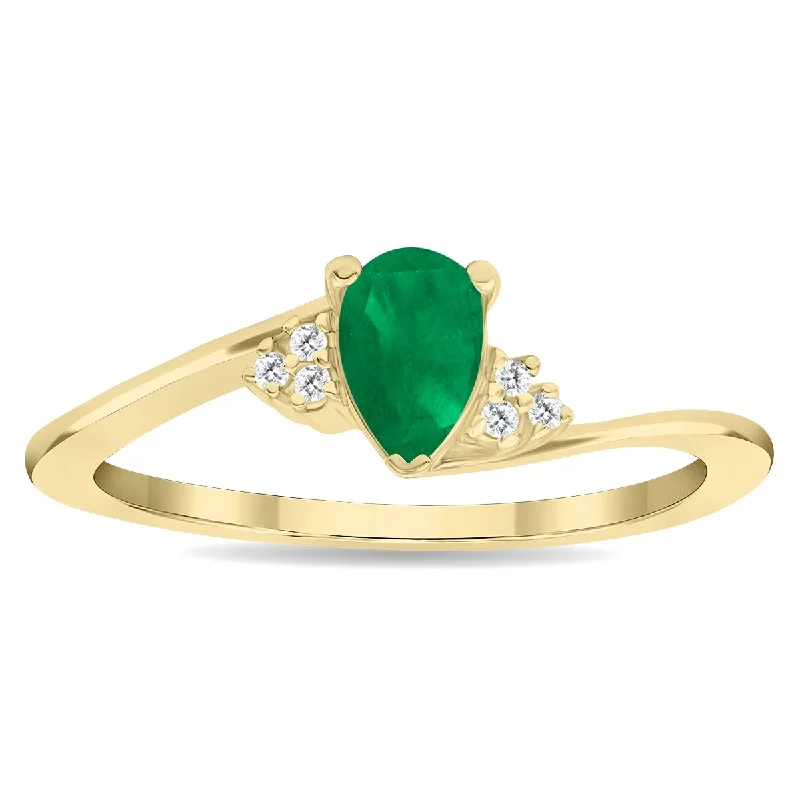 Drop gemstone rings with long stone elegance -Women's Pear Shaped Emerald and Diamond Tierra Ring in 10K Yellow Gold