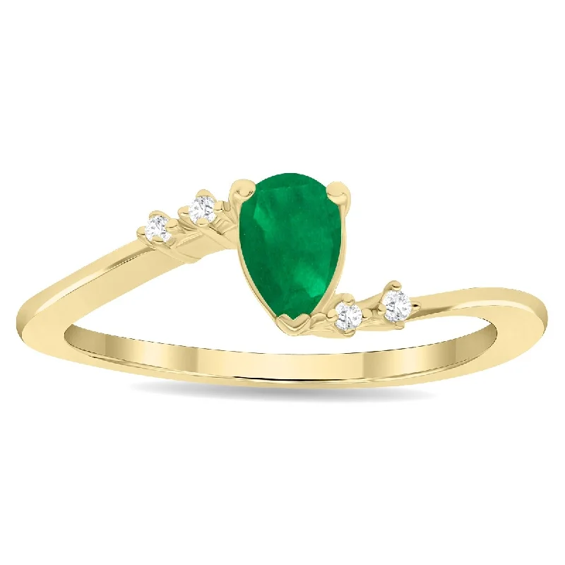 Gemstone rings made with lab-grown stone ethics -Women's Pear Shaped Emerald and Diamond Wave Ring in 10K Yellow Gold