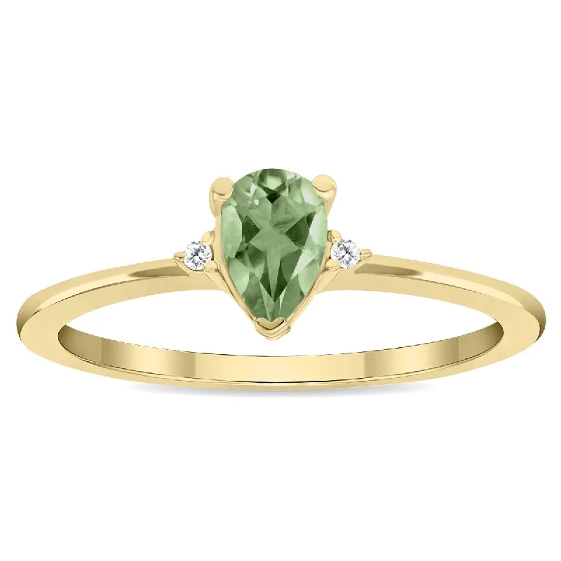 Classic gemstone rings featuring timeless stone elegance -Women's Pear Shaped Green Amethyst and Diamond Classic Band in 10K Yellow Gold