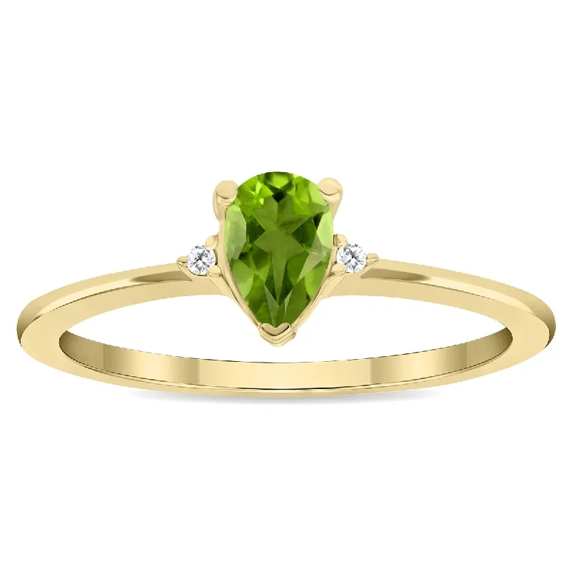 Brushed gemstone rings with gritty stone texture -Women's Pear Shaped Peridot and Diamond Classic Band in 10K Yellow Gold