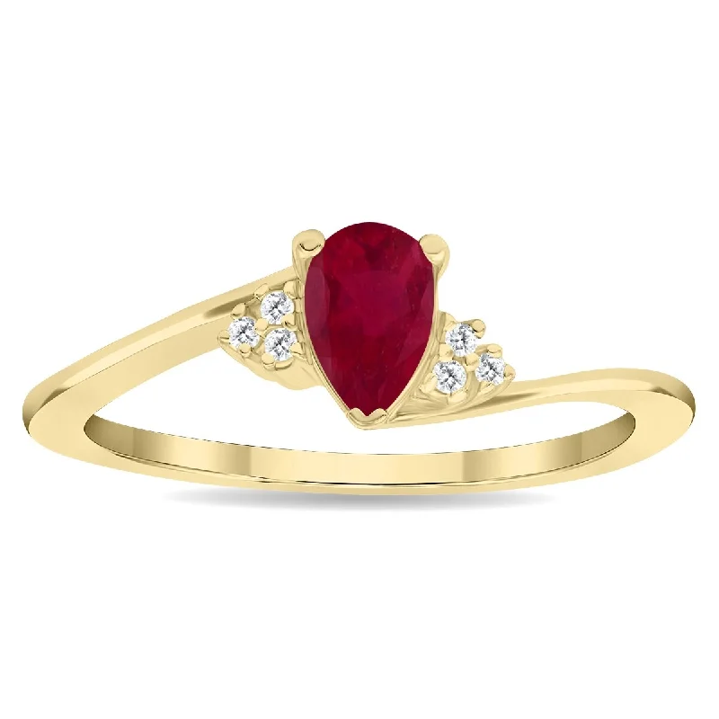 Gemstone rings featuring citrine for golden stone warmth -Women's Pear Shaped Ruby and Diamond Tierra Ring in 10K Yellow Gold