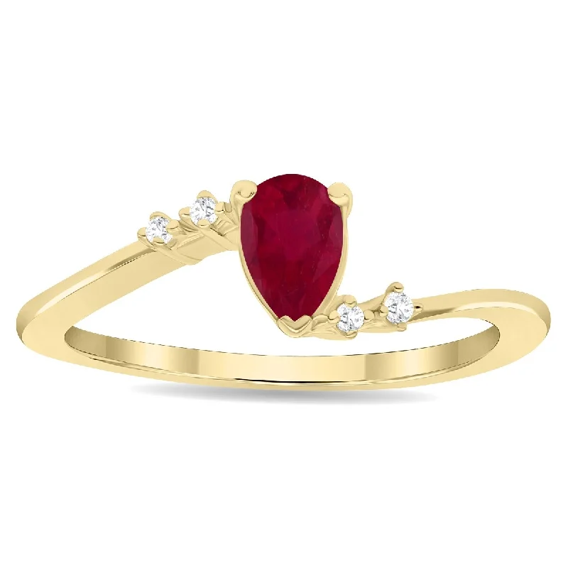 Brushed gemstone rings with gritty stone texture -Women's Pear Shaped Ruby and Diamond Wave Ring in 10K Yellow Gold