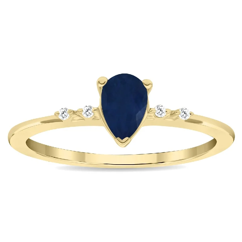 Thin gemstone rings for stackable finger looks -Women's Pear Shaped Sapphire and Diamond Sparkle Ring in 10K Yellow Gold