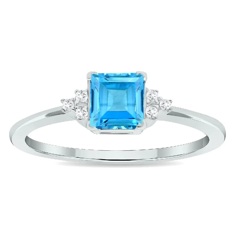 Striking gemstone rings with unique stone shapes -Women's Princess Cut Blue Topaz and Diamond Half Moon Ring in 10K White Gold