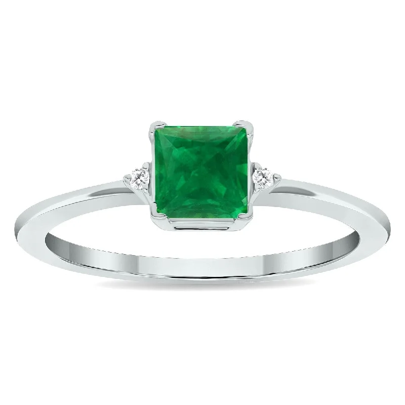 Gemstone rings inspired by cosmos with stone shine -Women's Princess Cut Emerald and Diamond Classic Band in 10K White Gold