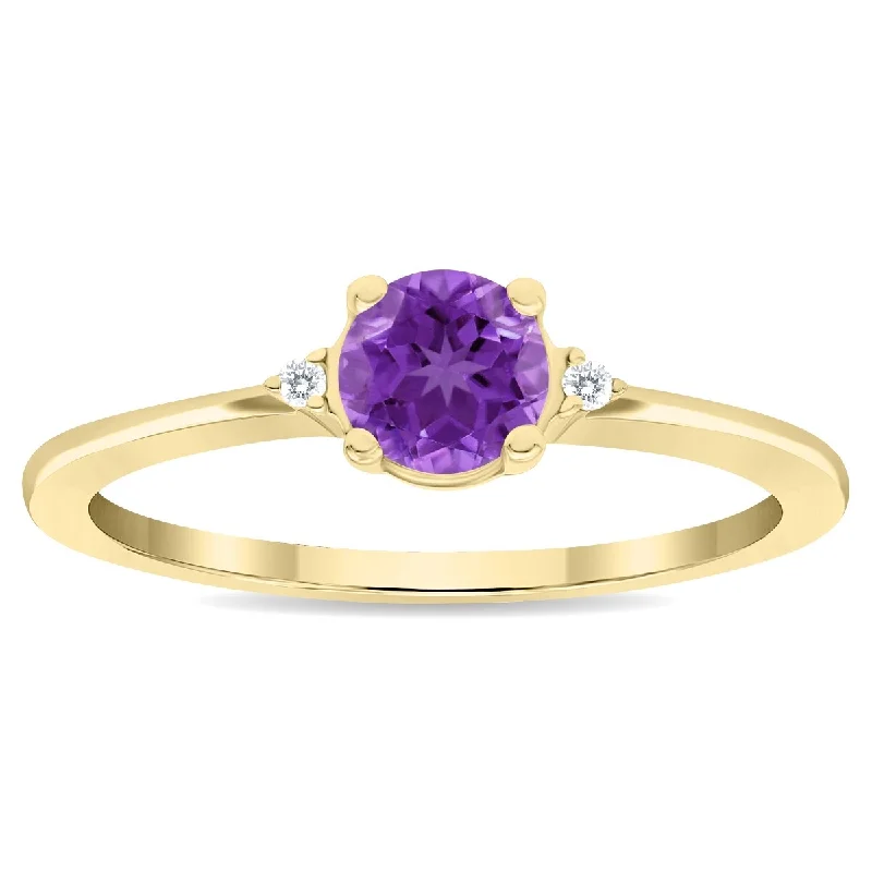 Sleek gemstone rings with floating stone settings -Women's Round Shaped Amethyst and Diamond Classic Band in 10K Yellow Gold