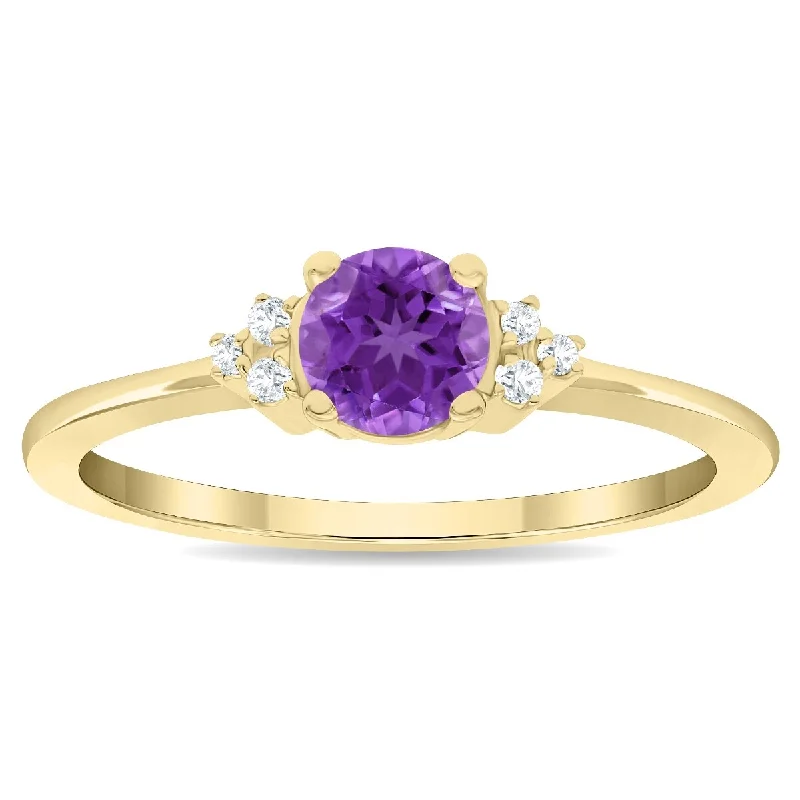 Gemstone rings with mixed stones for vibrancy -Women's Round Shaped Amethyst and Diamond Half Moon Ring in 10K Yellow Gold