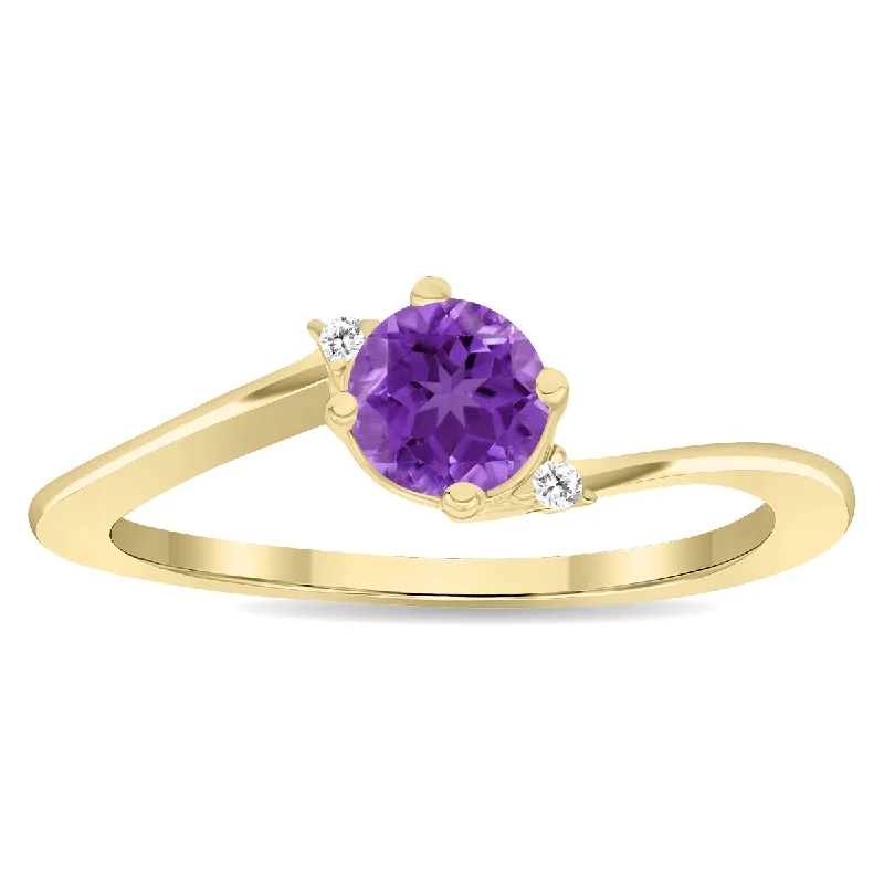 Open gemstone rings with airy stone designs -Women's Round Shaped Amethyst and Diamond Wave Ring in 10K Yellow Gold