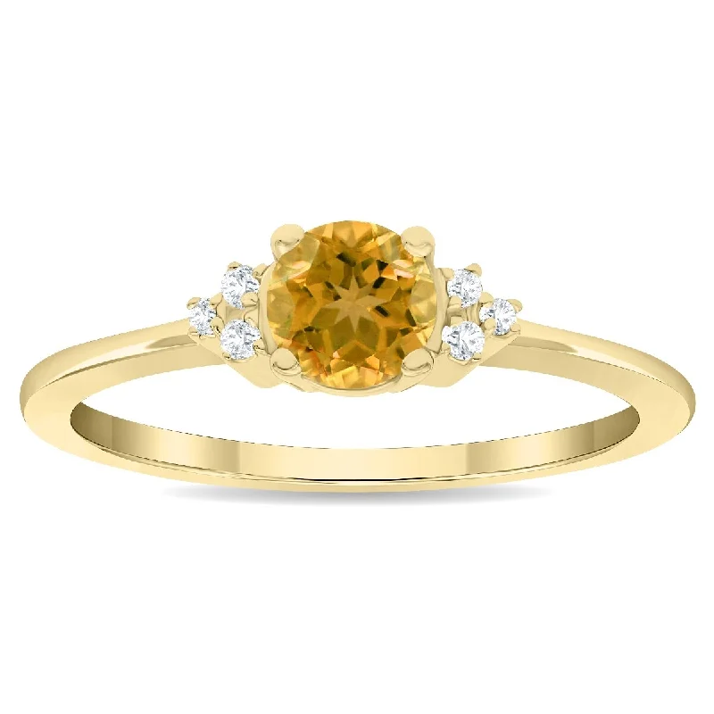 Geometric gemstone rings with sharp stone designs -Women's Round Shaped Citrine and Diamond Half Moon Ring in 10K Yellow Gold