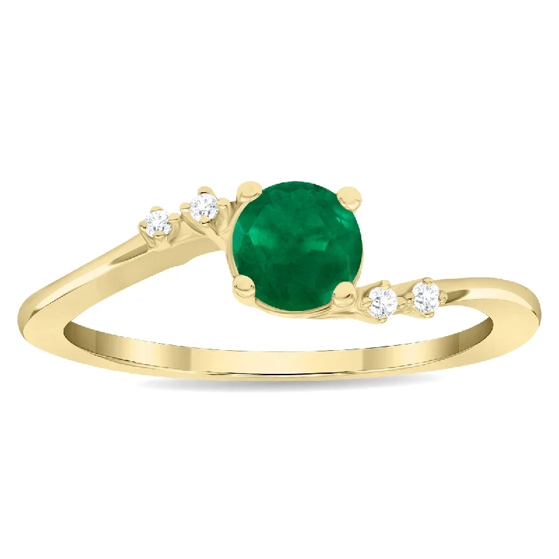 Matte gemstone rings with smooth stone finish -Women's Round Shaped Emerald and Diamond Tierra Ring in 10K Yellow Gold