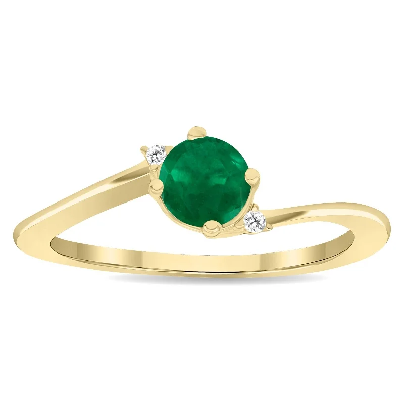 Wrapped gemstone rings with wire for boho charm -Women's Round Shaped Emerald and Diamond Wave Ring in 10K Yellow Gold