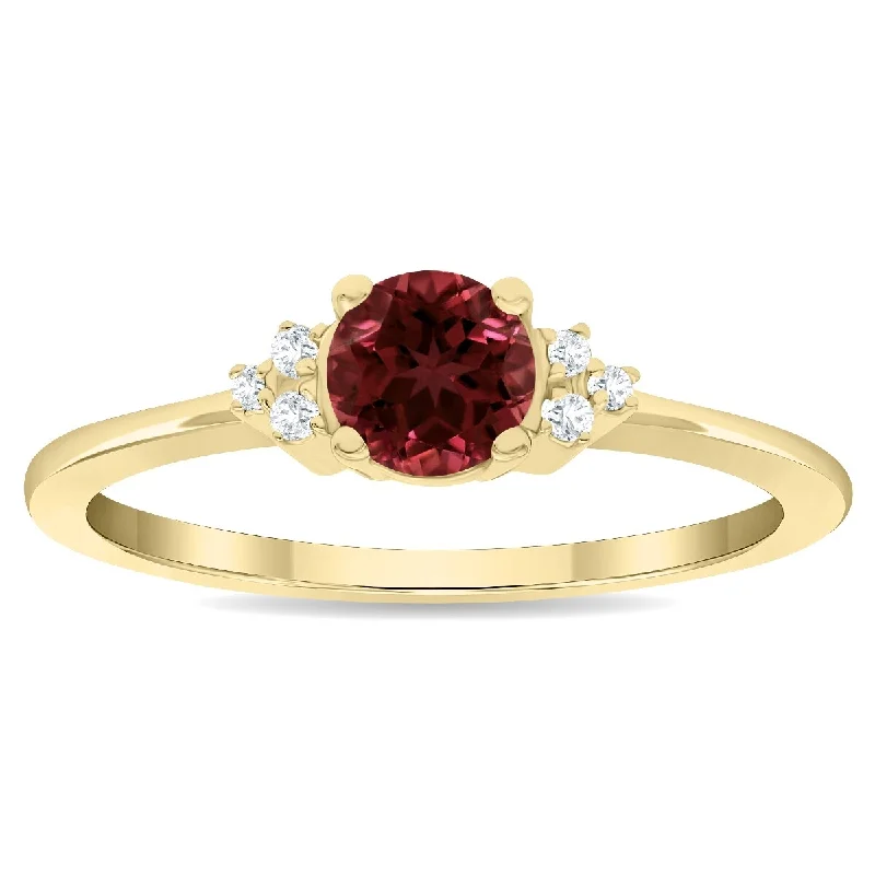 Dual gemstone rings with mixed metal styles -Women's Round Shaped Garnet and Diamond Half Moon Ring in 10K Yellow Gold