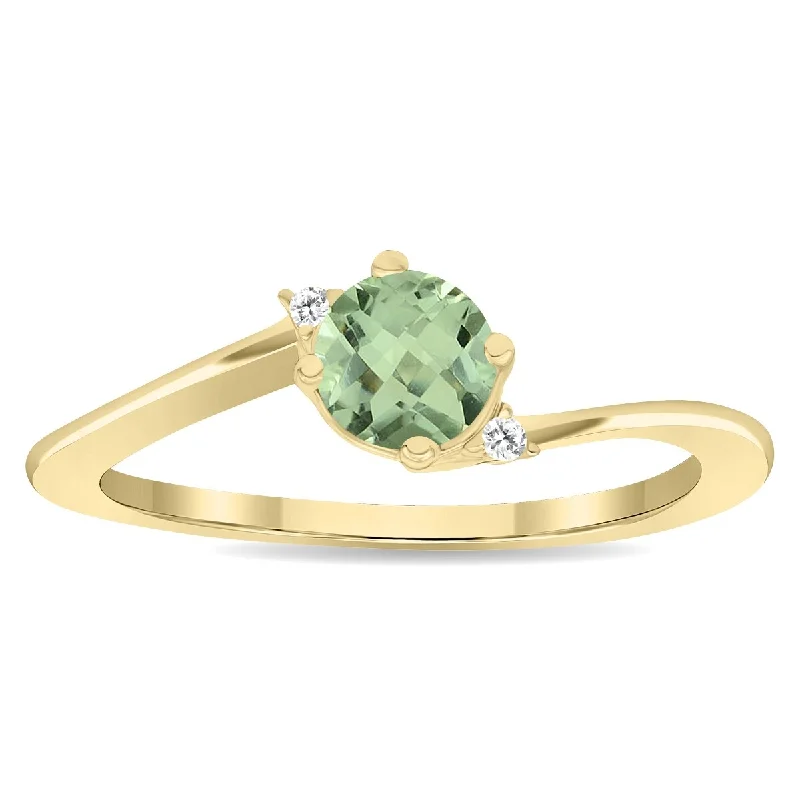 Bezel gemstone rings securing stones with style -Women's Round Shaped Green Amethyst and Diamond Wave Ring in 10K Yellow Gold