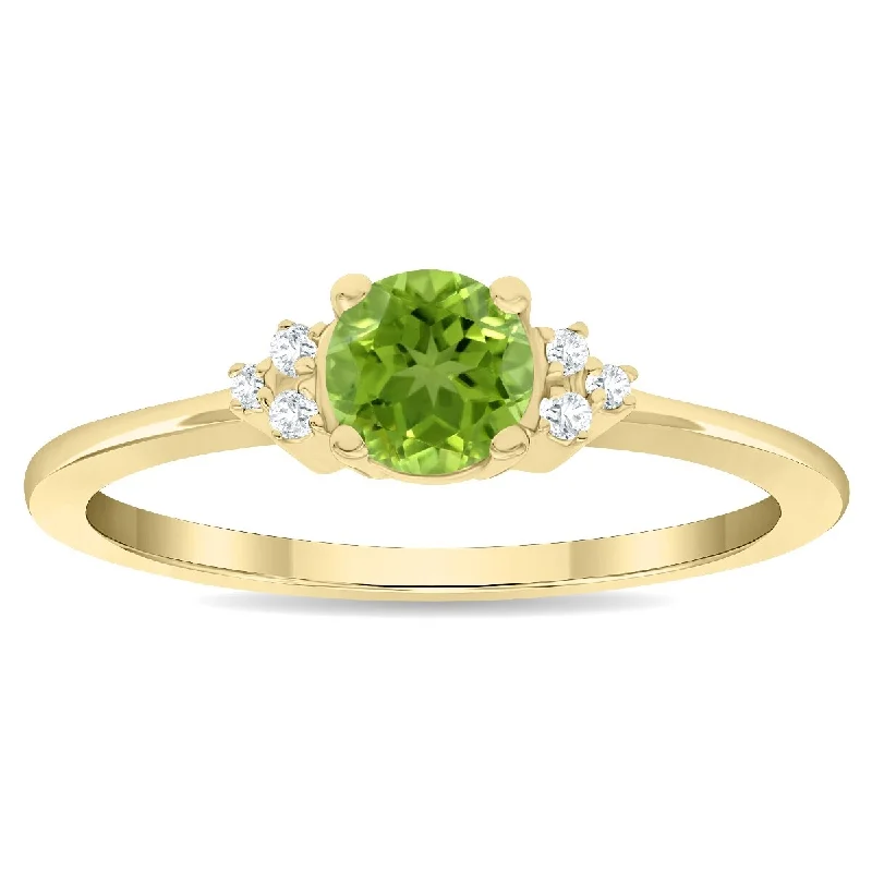 Gemstone rings made with lab-grown stone ethics -Women's Round Shaped Peridot and Diamond Half Moon Ring in 10K Yellow Gold