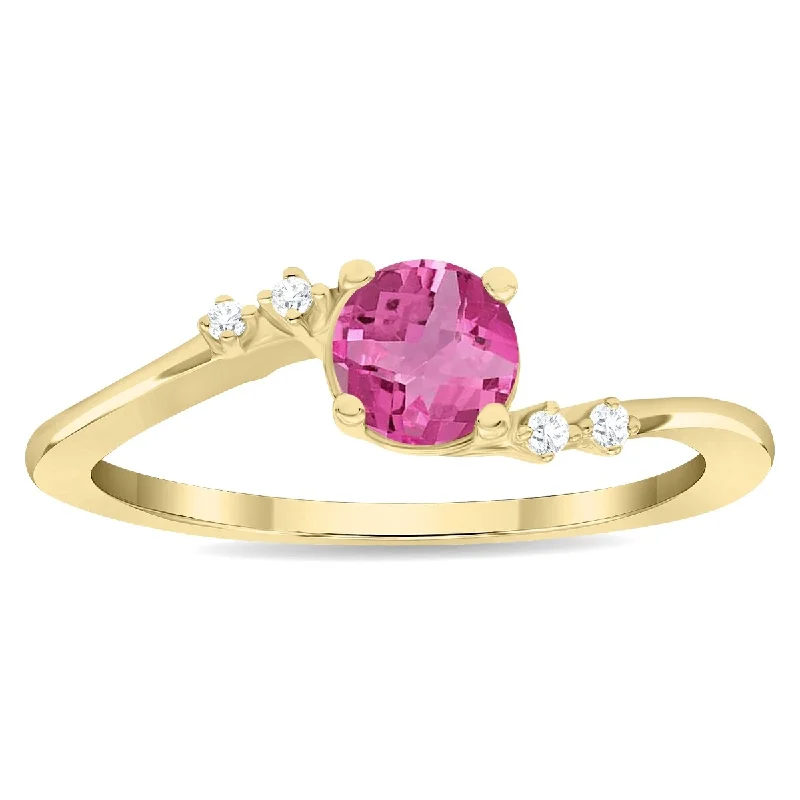 Gemstone rings crafted with ethical stone sourcing -Women's Round Shaped Pink Topaz and Diamond Tierra Ring in 10K Yellow Gold