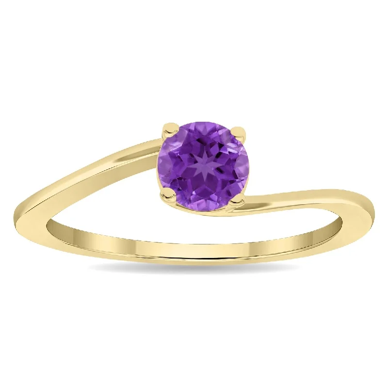 Gemstone rings featuring topaz for clear blue glow -Women's Round Shaped Solitaire Amethyst Wave Ring in 10K Yellow Gold