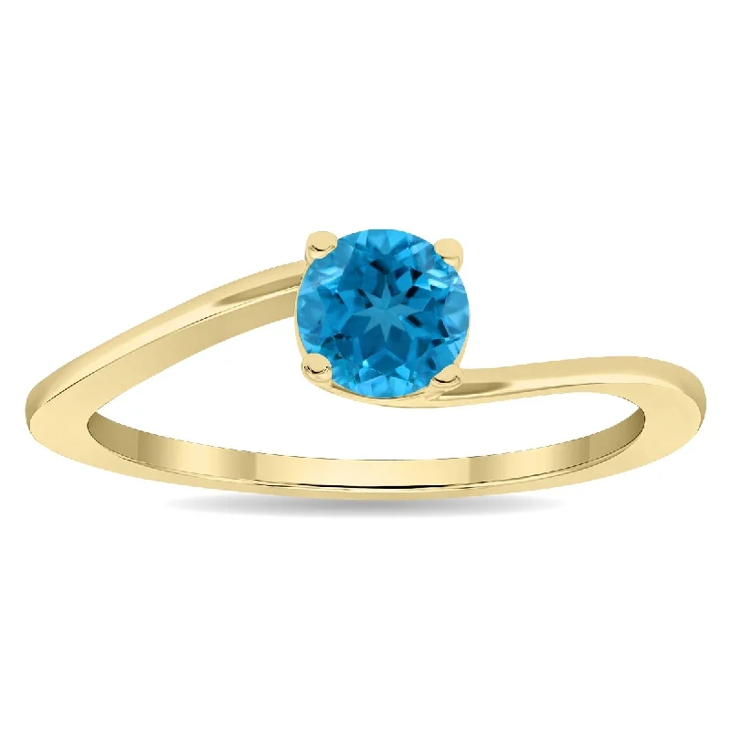 Thin gemstone rings for stackable finger looks -Women's Round Shaped Solitaire Blue Topaz Wave Ring in 10K Yellow Gold