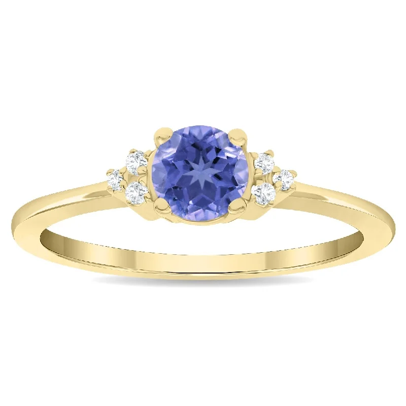 Gemstone rings with amethyst for purple stone grace -Women's Round Shaped Tanzanite and Diamond Half Moon Ring in 10K Yellow Gold