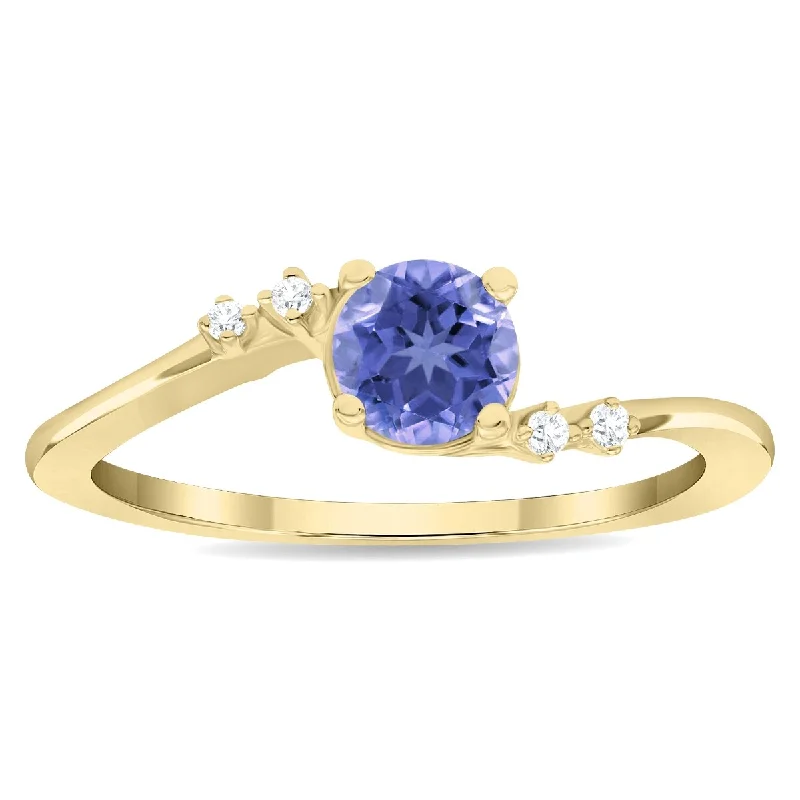 Stackable gemstone rings designed for finger layering -Women's Round Shaped Tanzanite and Diamond Tierra Ring in 10K Yellow Gold