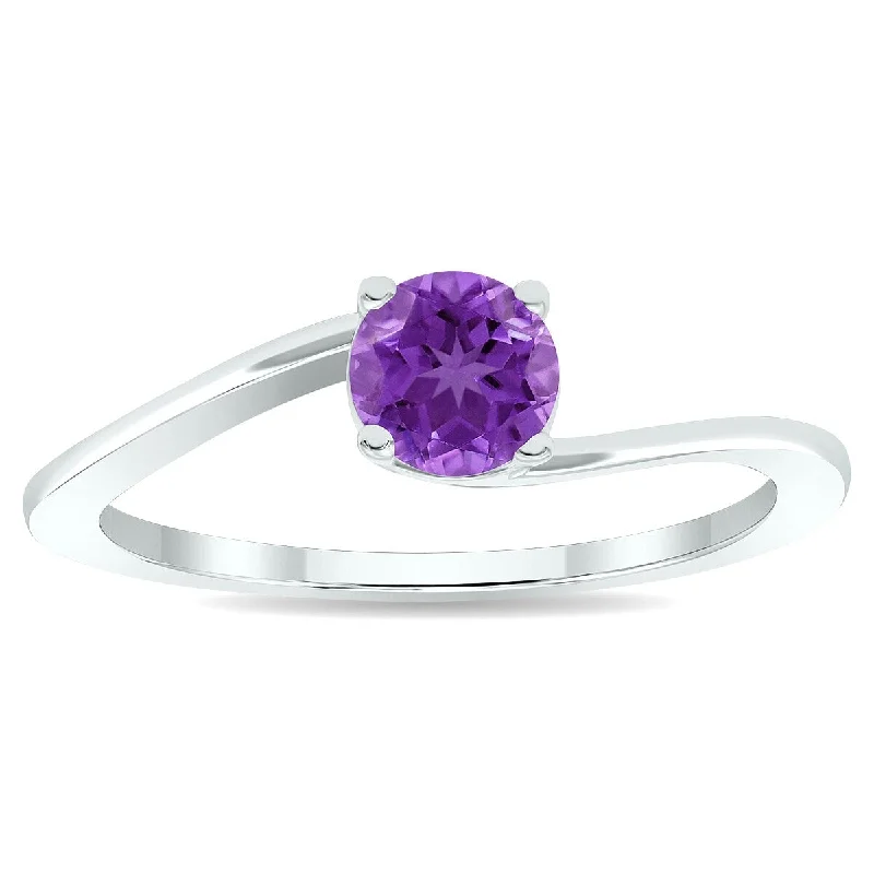 Gemstone rings with retro stone settings charm -Women's Solitaire Amethyst Wave Ring in 10K White Gold