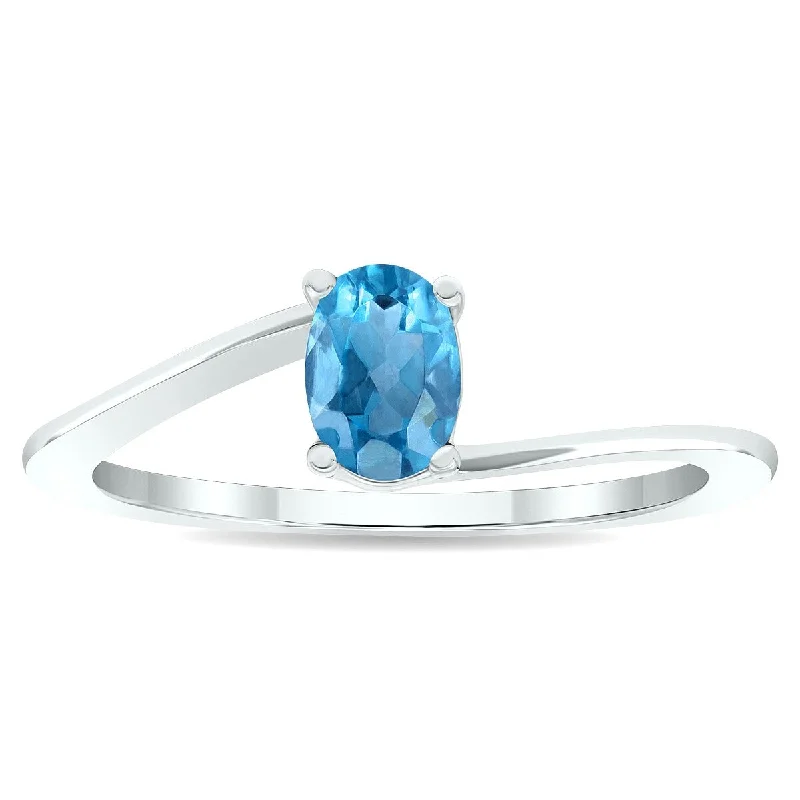 Gemstone rings perfect for teens with bold stones -Women's Solitaire Blue Topaz Wave Ring in 10K White Gold