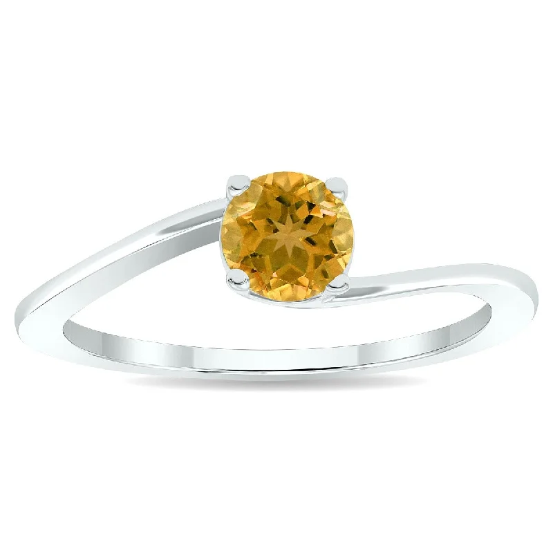 Sculpted gemstone rings with carved stone bands -Women's Solitaire Citrine Wave Ring in 10K White Gold