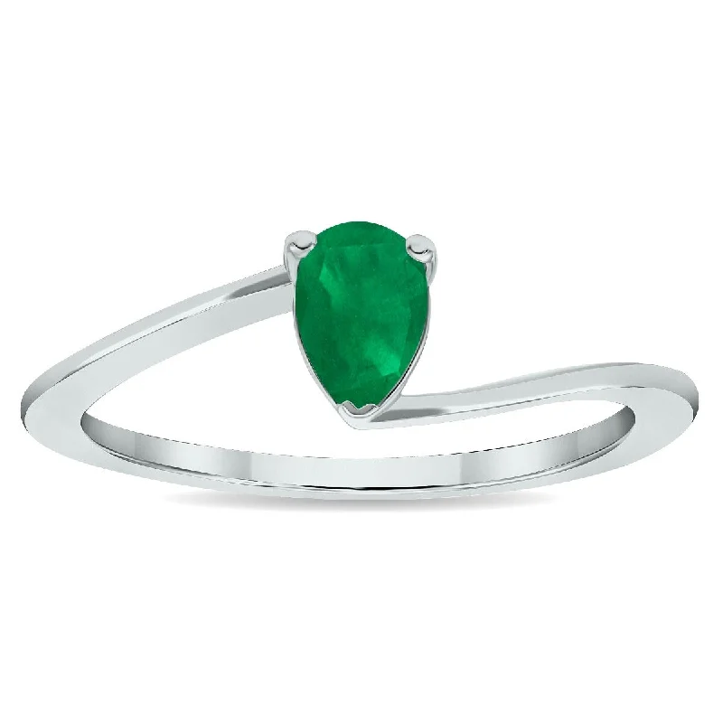 Gemstone rings featuring labradorite for mystic stone hues -Women's Solitaire Emerald Wave Ring in 10K White Gold