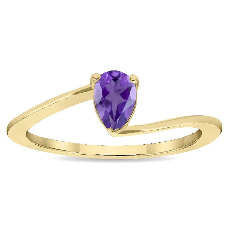 Custom gemstone rings with handpicked stone designs -Women's Solitaire Pear Shaped Amethyst Wave Ring in 10K Yellow Gold