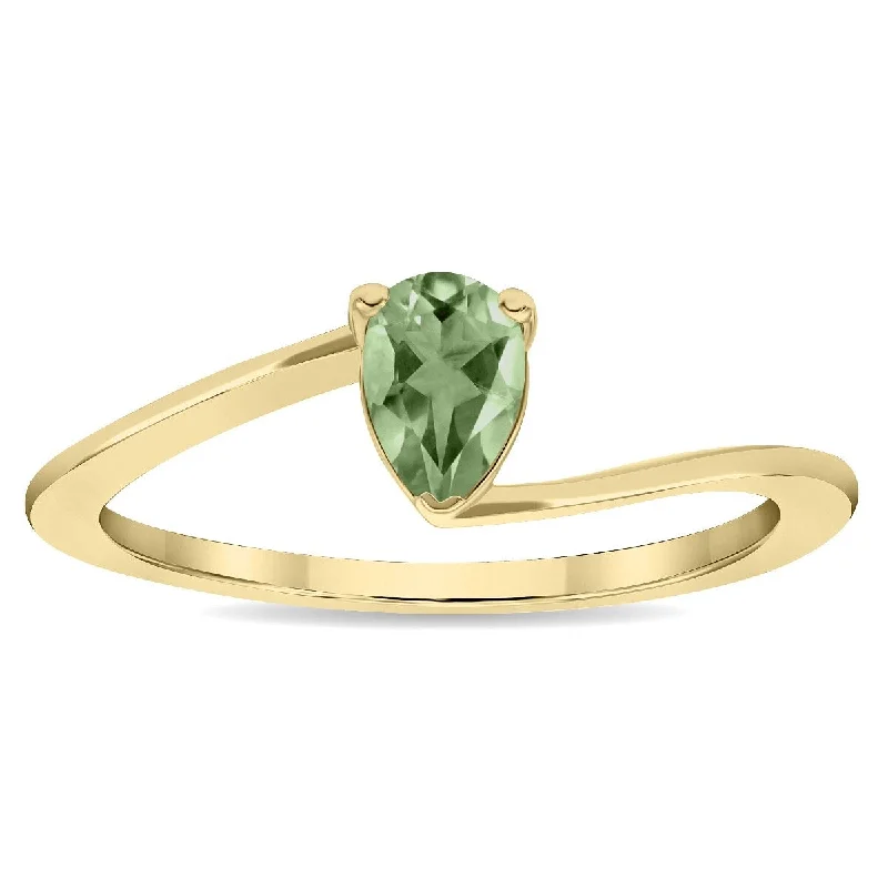 Birthstone gemstone rings with personal stone picks -Women's Solitaire Pear Shaped Green Amethyst Wave Ring in 10K Yellow Gold