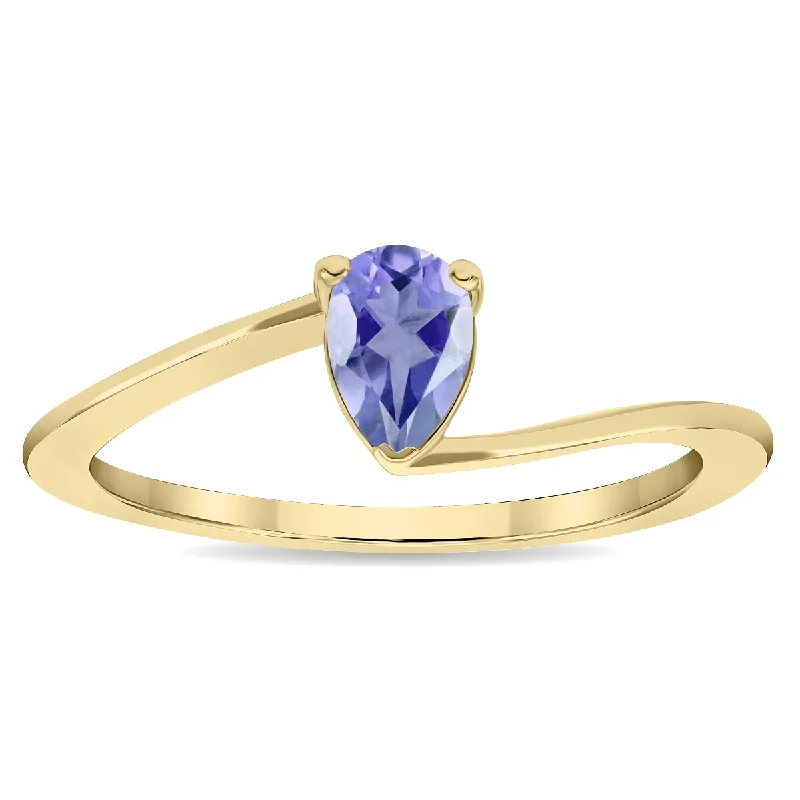 Quirky gemstone rings with offbeat stone flair -Women's Solitaire Pear Shaped Tanzanite Wave Ring in 10K Yellow Gold