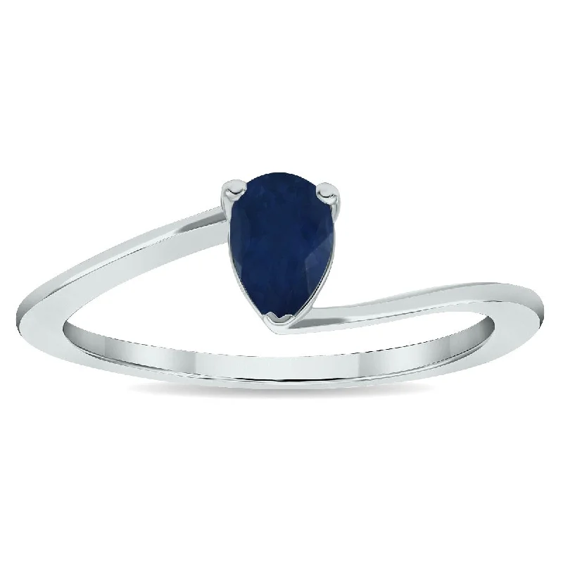 Gemstone rings featuring floral stones for romance -Women's Solitaire Sapphire Wave Ring in 10K White Gold