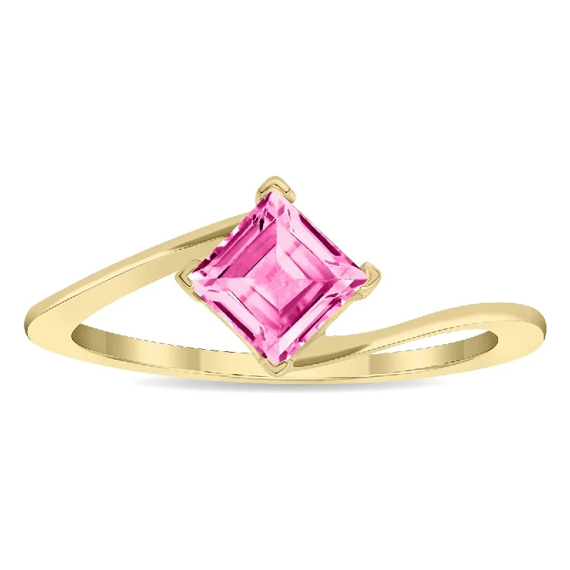 Silver gemstone rings offering affordable stone sparkle -Women's Solitaire Square Shaped Pink Topaz Wave Ring in 10K Yellow Gold