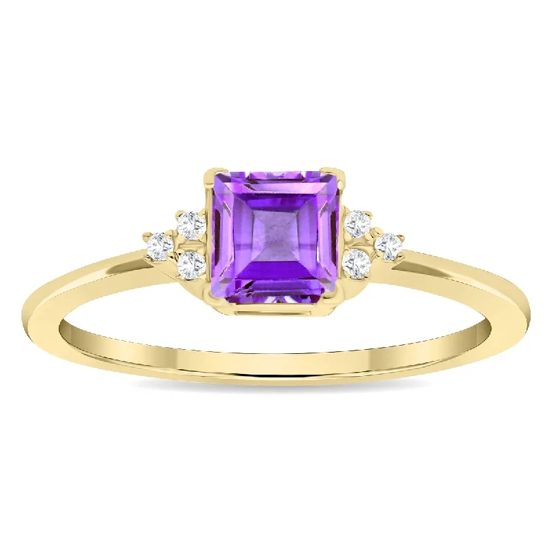 Classic gemstone rings featuring timeless stone elegance -Women's Square Shaped Amethyst and Diamond Half Moon Ring in 10K Yellow Gold