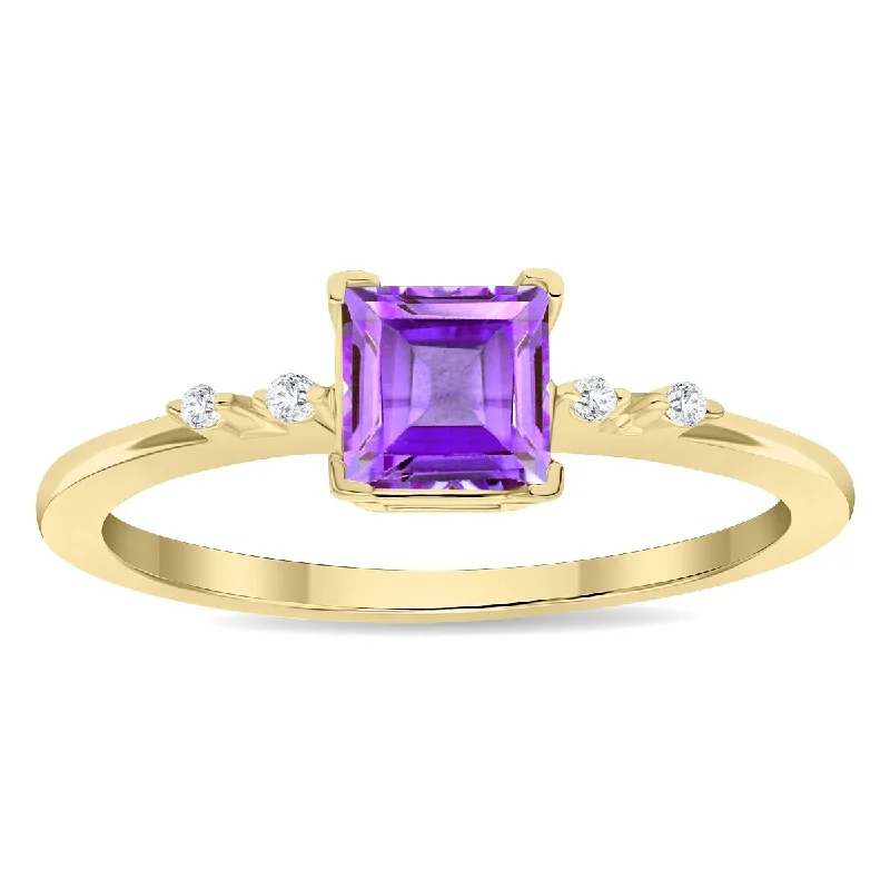 Dainty gemstone rings ideal for delicate finger style -Women's Square Shaped Amethyst and Diamond Sparkle Ring in 10K Yellow Gold