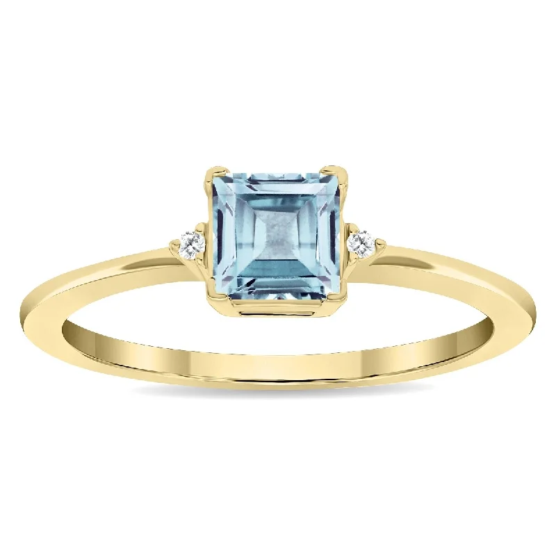 Vibrant gemstone rings perfect for colorful finger flair -Women's Square Shaped Aquamarine and Diamond Classic Band in 10K Yellow Gold