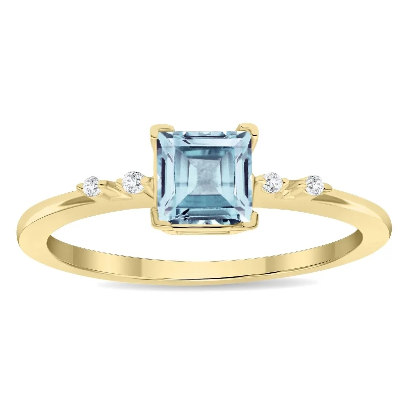 Gemstone rings with pave stones for extra dazzle -Women's Square Shaped Aquamarine and Diamond Sparkle Ring in 10K Yellow Gold