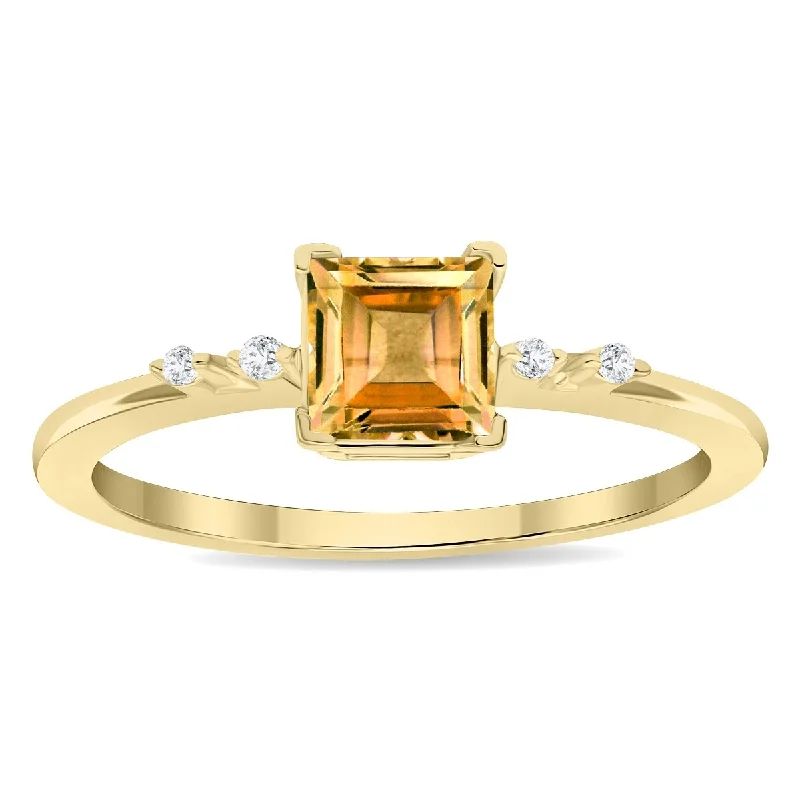 Gemstone rings perfect for kids with bright stones -Women's Square Shaped Citrine and Diamond Sparkle Ring in 10K Yellow Gold